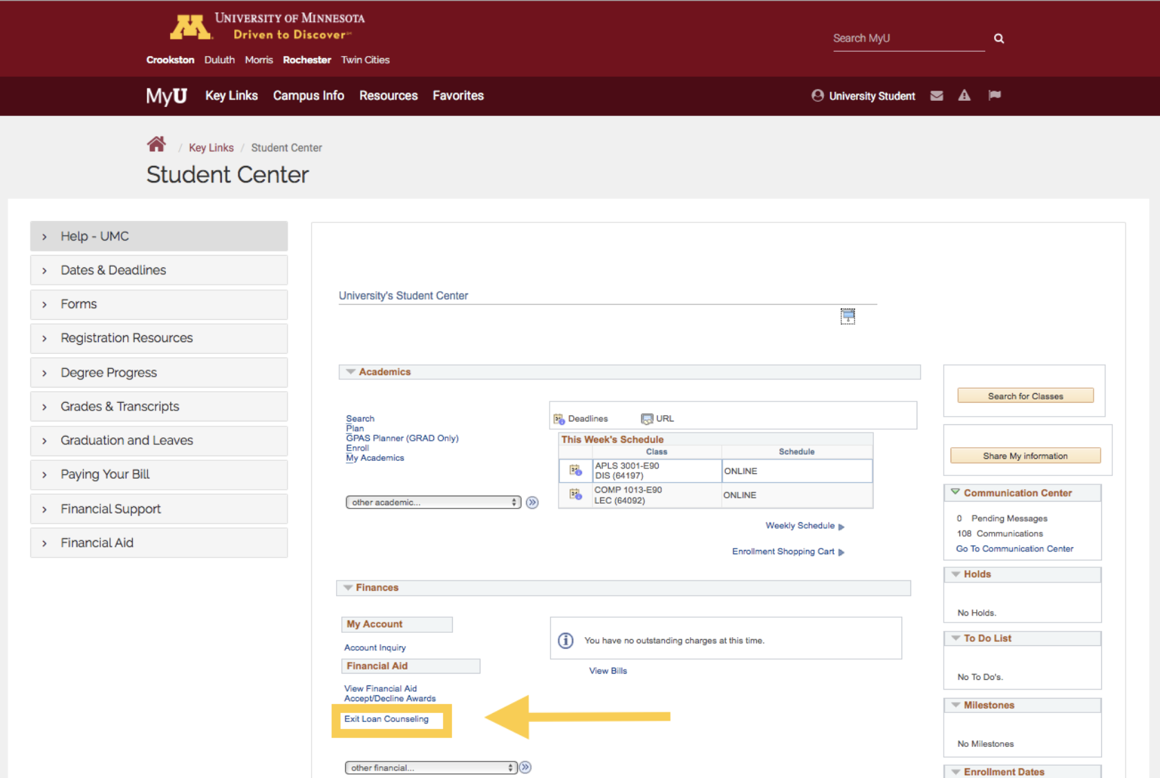 Screenshot of the MyU student center. Under the finances tab, the Exit Loan Counseling link is highlighted. 