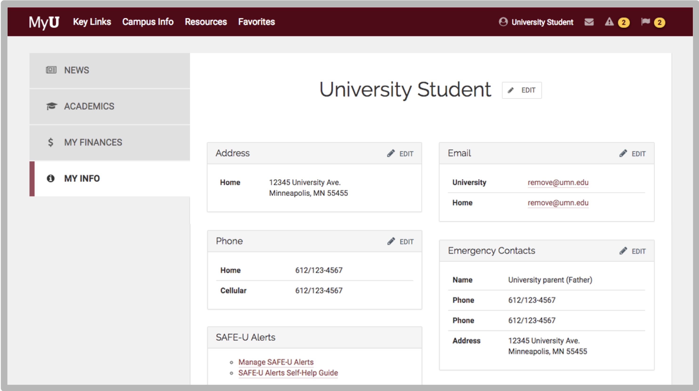 Screenshot of the MyU: My Info tab that shows edit buttons next to name, address, phone, email, and emergency contact sections.